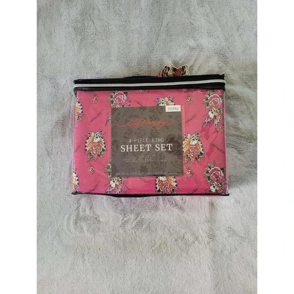 Ed Hardy King Size Pink Bedsheet Set Roses Butterfly Skulls Y2K 16